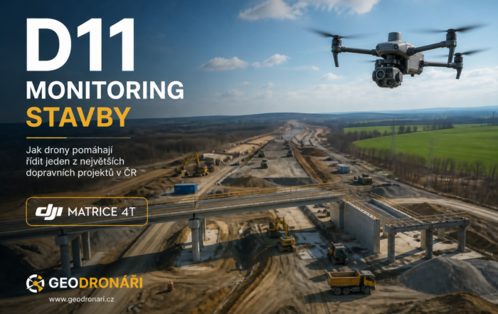 Dron monitoruje výstavbu dálnice; titulní text uvádí „D11 – Monitoring stavby“ a využití dronů při řízení projektu