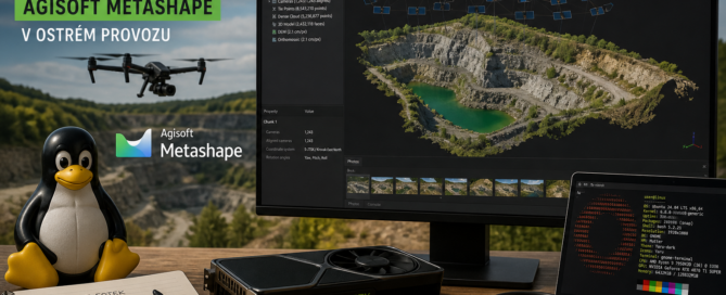 Fotogrammetrie na Linuxu s GPU: Agisoft Metashape v ostrém provozu, 3D model lomu na monitoru, Tux a grafická karta