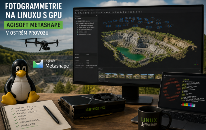 Fotogrammetrie na Linuxu s GPU: Agisoft Metashape v ostrém provozu, 3D model lomu na monitoru, Tux a grafická karta