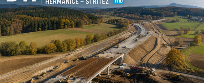 Letecký pohled na výstavbu dálnice D11 mezi Jaroměří a Trutnovem, úsek Heřmanice–Střítež, 7. 11. 2025