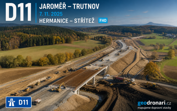 Letecký pohled na výstavbu dálnice D11 mezi Jaroměří a Trutnovem, úsek Heřmanice–Střítež, 7. 11. 2025