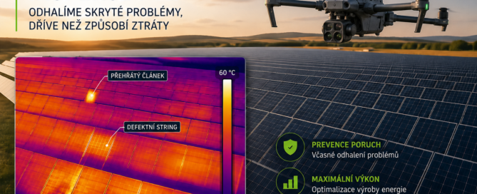 Termografická inspekce fotovoltaických panelů dronem odhaluje přehřáté články, vadné stringy a nečistoty