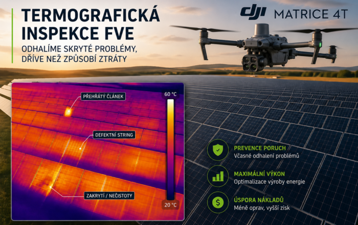 Termografická inspekce fotovoltaických panelů dronem odhaluje přehřáté články, vadné stringy a nečistoty