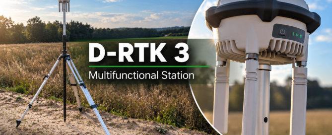 Multifunkční stanice D-RTK 3 GeoDronari na stativu v terénu, zobrazená zblízka i v celkovém pohledu