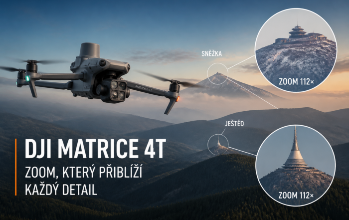 Dron DJI Mavic 4T nad horskou krajinou; ukázka 112× zoomu na Sněžku a Ještěd